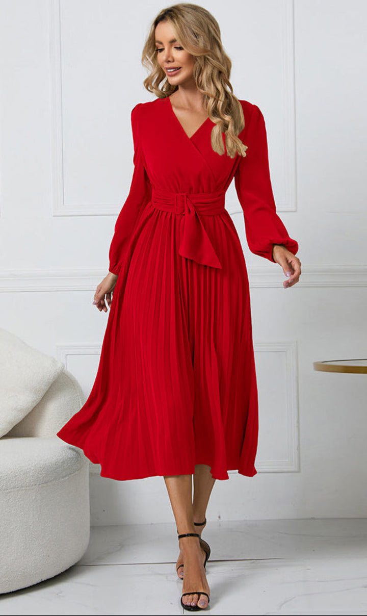 Stylish women's long sleeve gathered formal midi dress, a beautiful choice for elegant occasions & parties.
