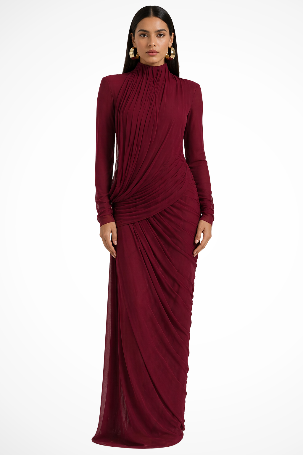 Elegant women's long sleeve high neck draped maxi dress, ideal for formal wear and evening events.