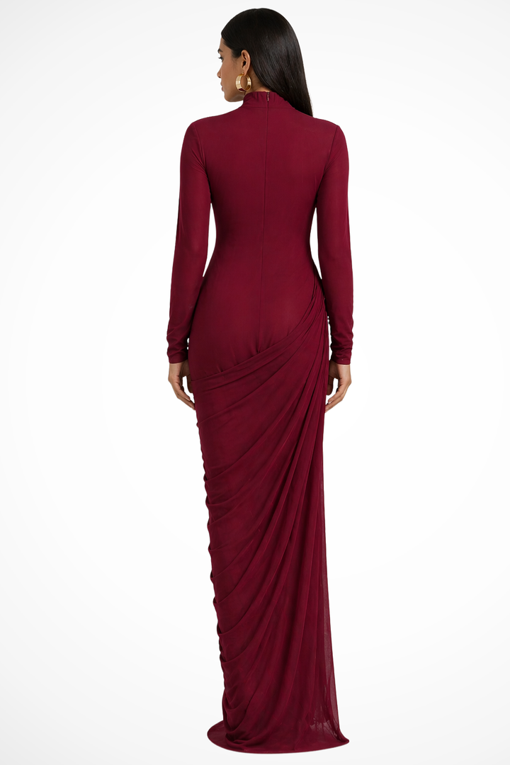 Green long sleeve high neck maxi dress. Elegant evening gown for special occasions & formal events.