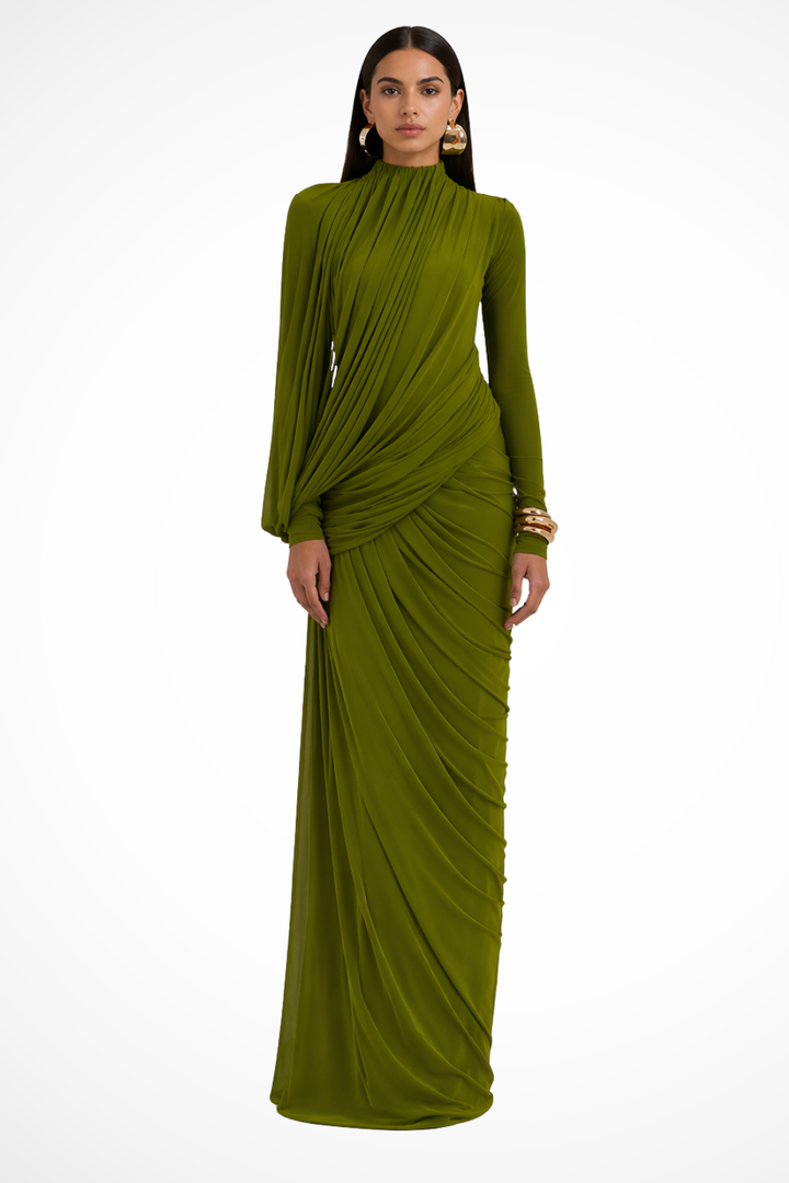 Women's formal high neck draped maxi dress with long sleeves. Sophisticated for weddings & special events.