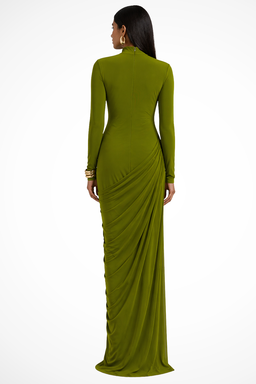 Stylish women's elegant long sleeve maxi dress with a draped high neck. Perfect for a refined evening look.