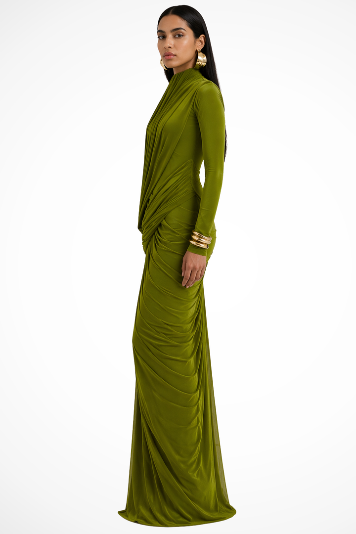 Flowing draped maxi dress for women, with elegant high neck and long sleeves. Ideal for formal gatherings.