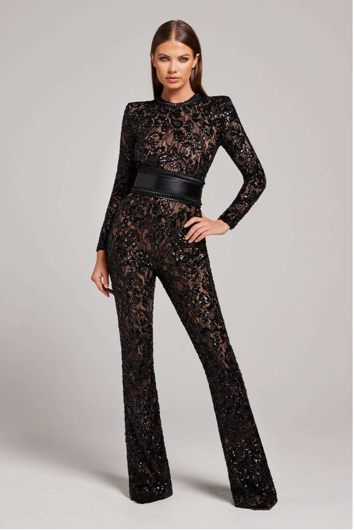 Elegant women's long sleeve lace jumpsuit, fitted style. Perfect for evening wear & formal occasions.