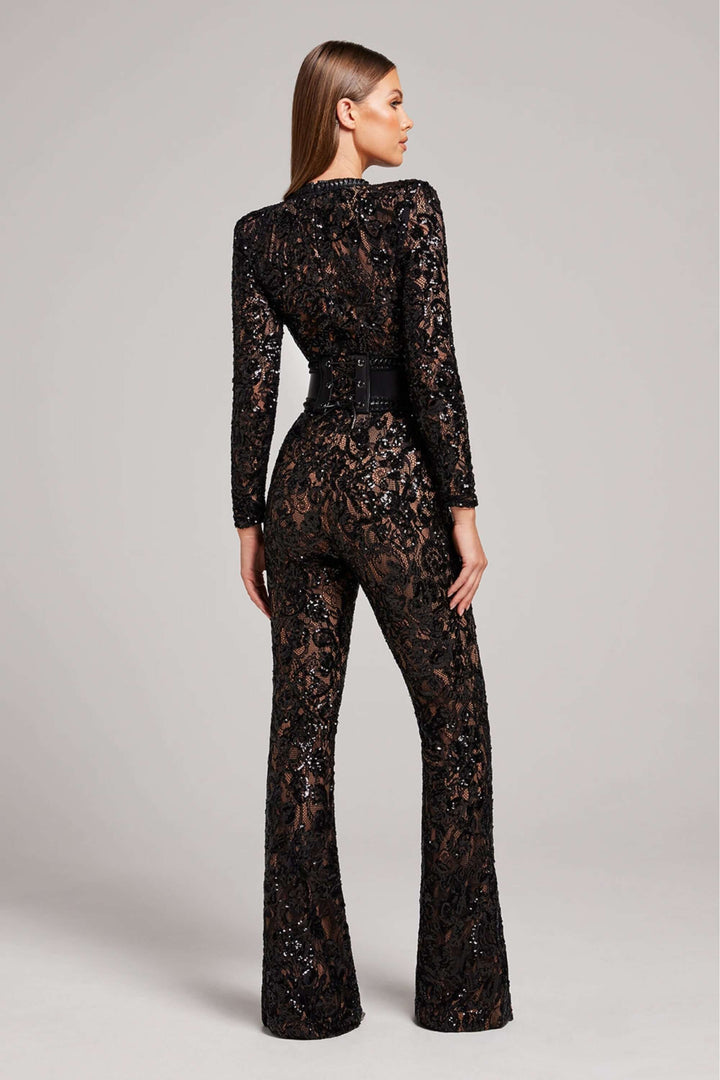 Stunning white women's long sleeve lace jumpsuit, fitted formal style for elegant evening events.