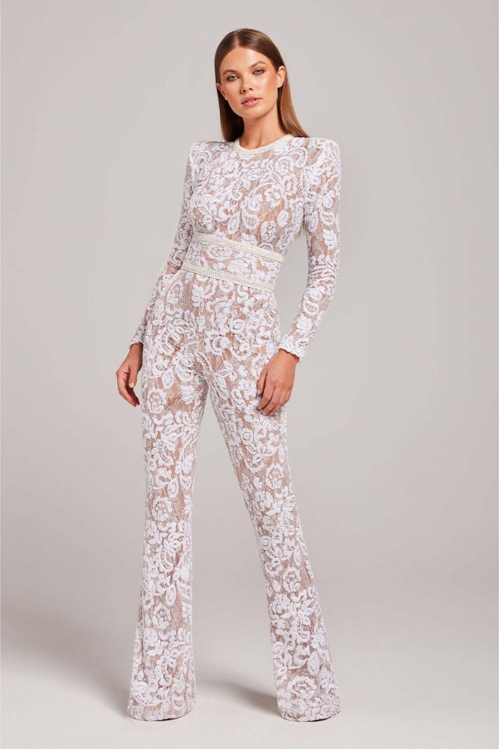 Women's elegant long sleeve lace jumpsuit, featuring a flattering fitted silhouette for evening wear.