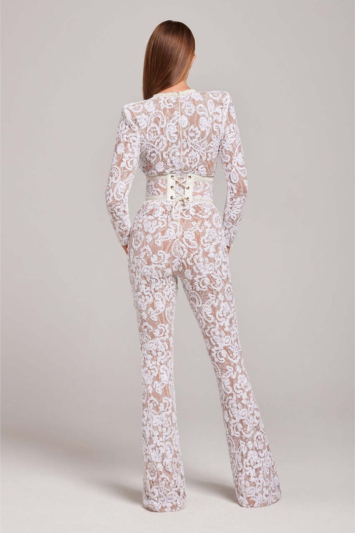 Versatile women's long sleeve lace jumpsuit, fitted for parties and formal events, chic and elegant.