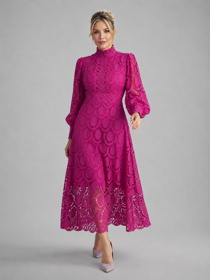 Elegant women's long sleeve lace midi dress, perfect for sophisticated occasions & formal events.