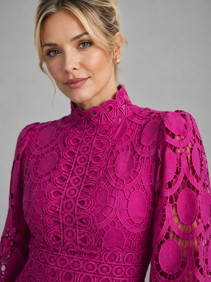 Sophisticated lace midi cocktail dress with long sleeves for women, ideal for wedding guests & evening parties.