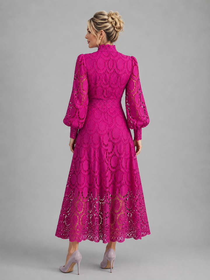 Beautiful long sleeve lace midi dress for women, featuring intricate lace detail, suitable for elegant occasions.