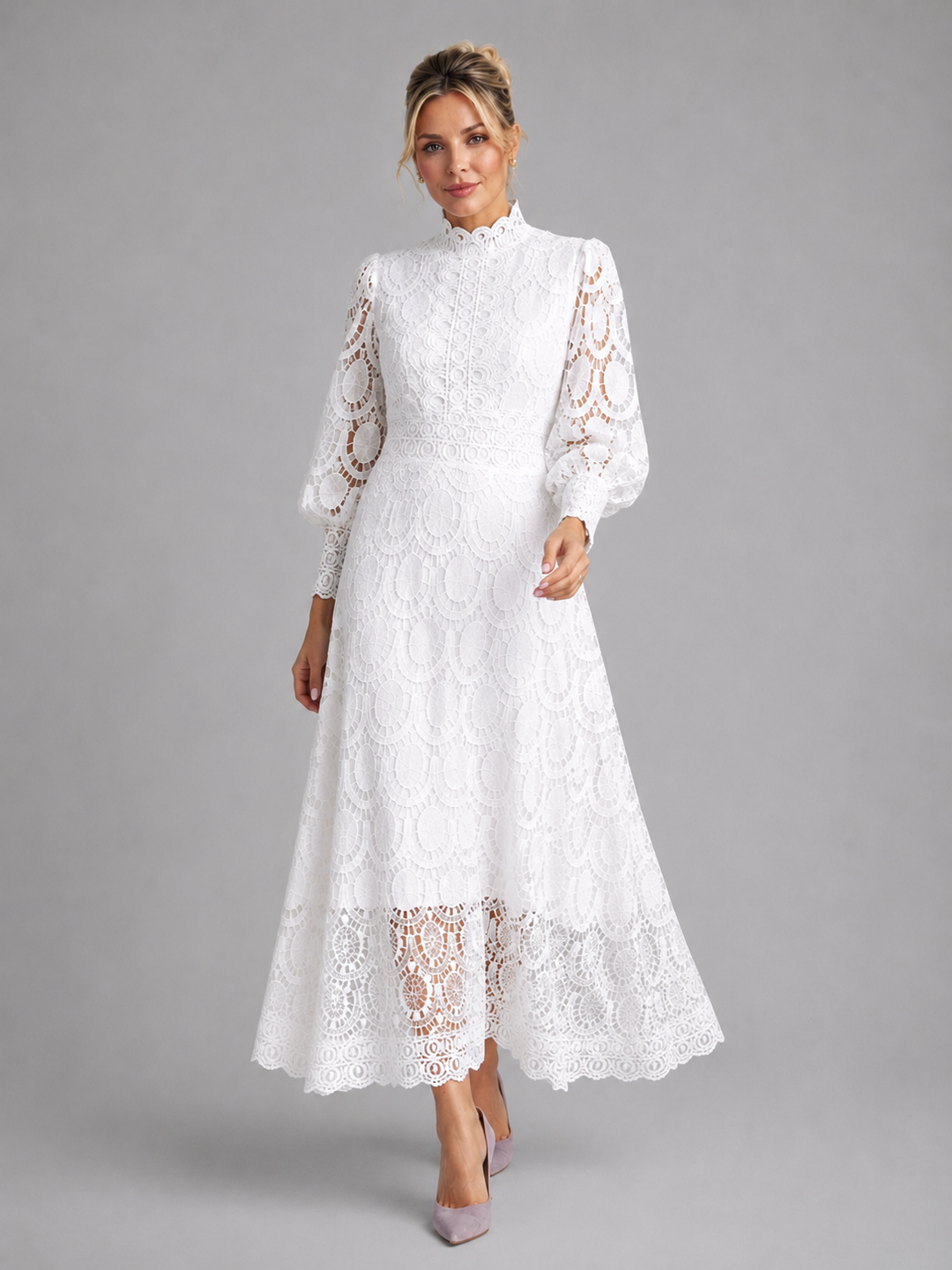 Women's formal long sleeve lace midi dress, an elegant choice for evening events, parties, and special occasions.