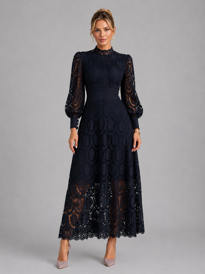 Chic women's long sleeve lace midi occasion dress, perfect for parties, formal gatherings, or as a wedding guest dress.