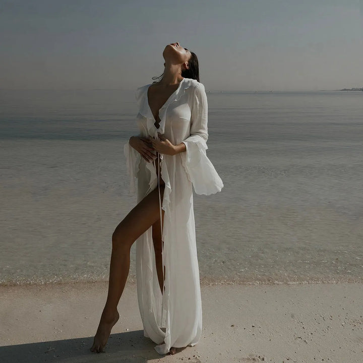 Casual women's long sleeve maxi dress, perfect resort wear or beach vacation outfit. Comfortable, flowing & stylish.