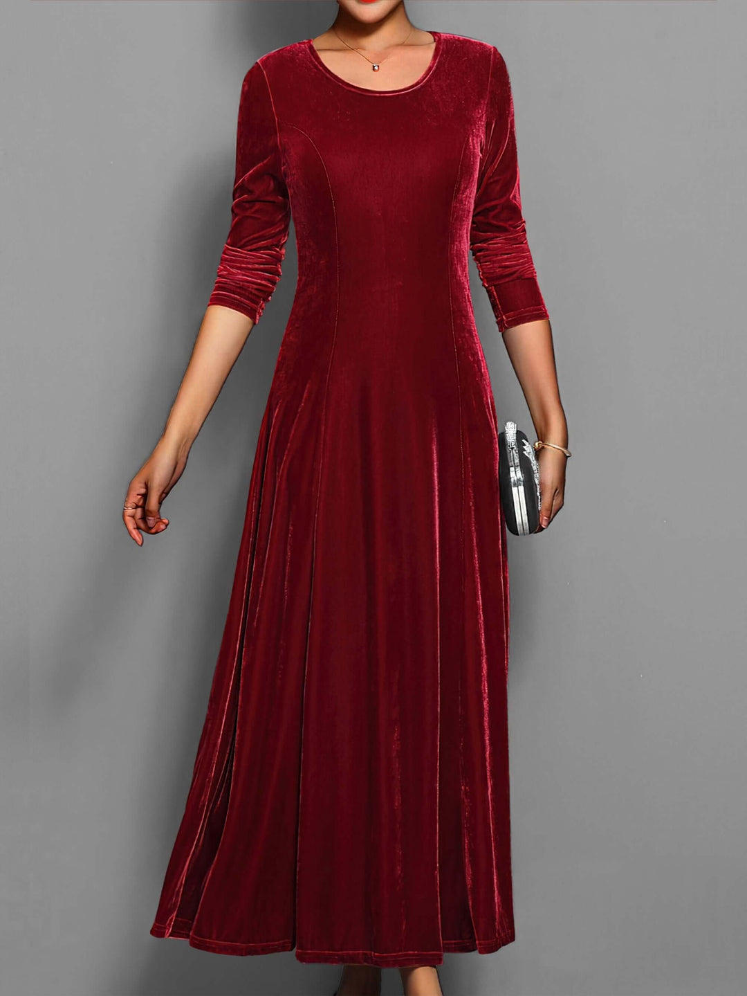 Elegant women's long sleeve midi dress with crew neck, perfect for formal autumn evening parties.