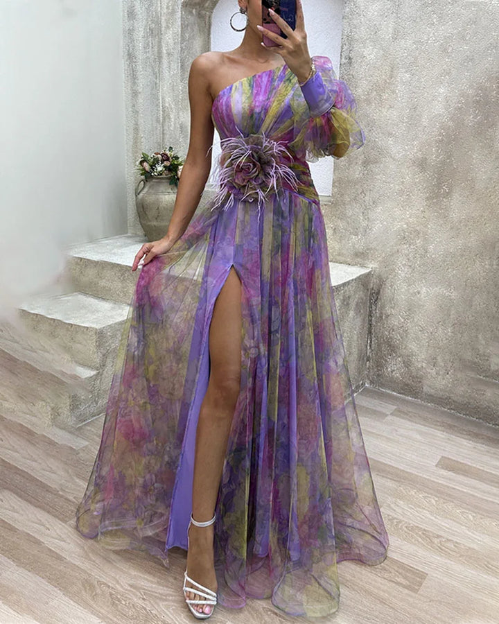 Purple elegant long sleeve maxi dress for women, featuring a stylish split. Ideal for parties & formal wear.