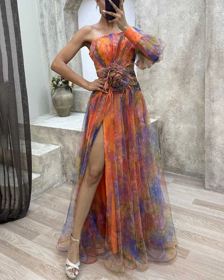 Versatile women's long sleeve maxi dress with a chic split, perfect for elegant casual wear or parties.