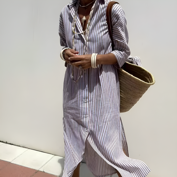 Chic women's long sleeve striped midi shirt dress. Ideal elegant office wear or stylish autumn casual outfit.