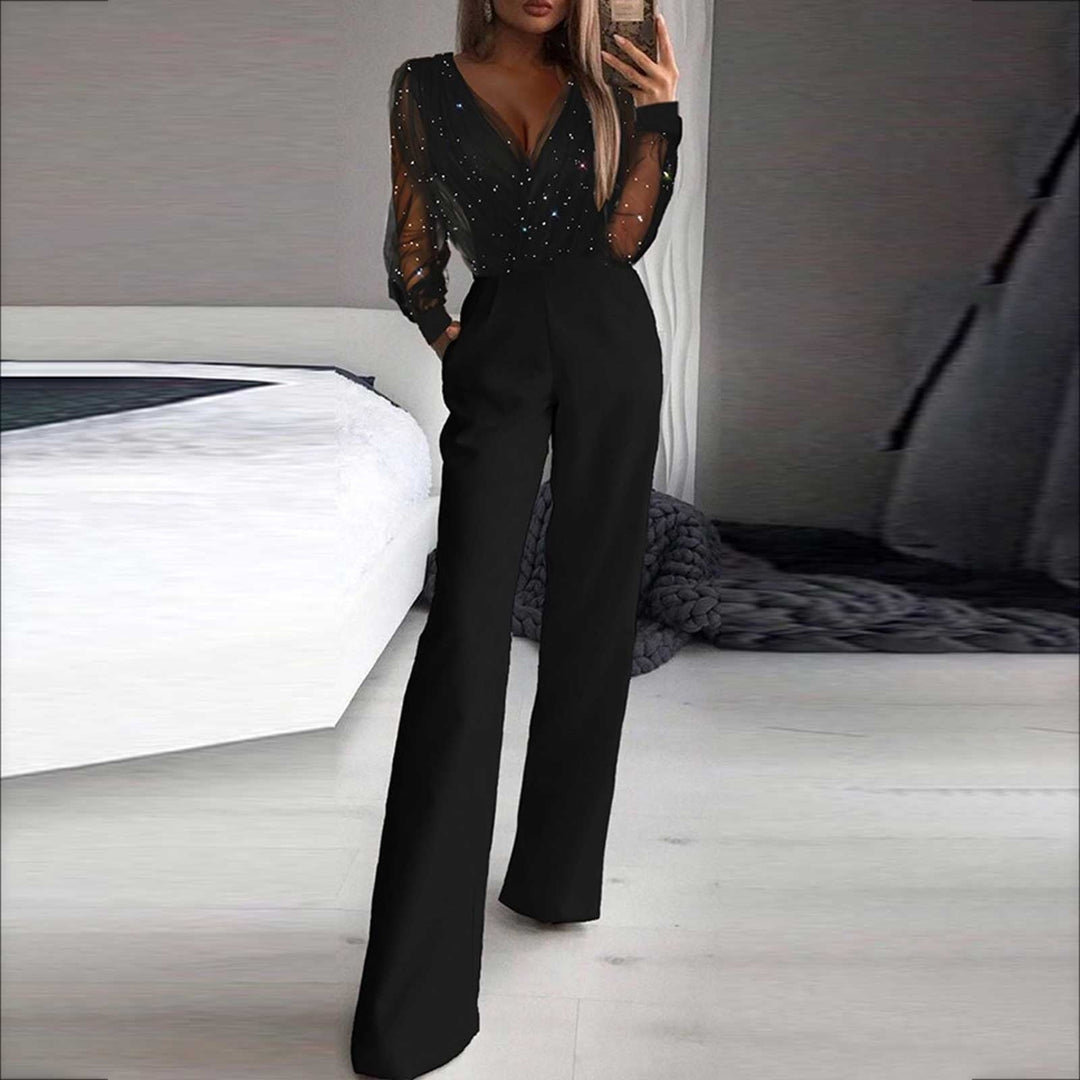 Chic black long sleeve wide leg jumpsuit for women, ideal for formal wear, evening outfits & special occasions.