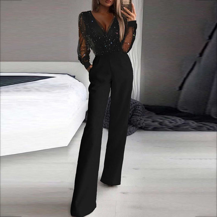 Chic black long sleeve wide leg jumpsuit for women, ideal for formal wear, evening outfits & special occasions.