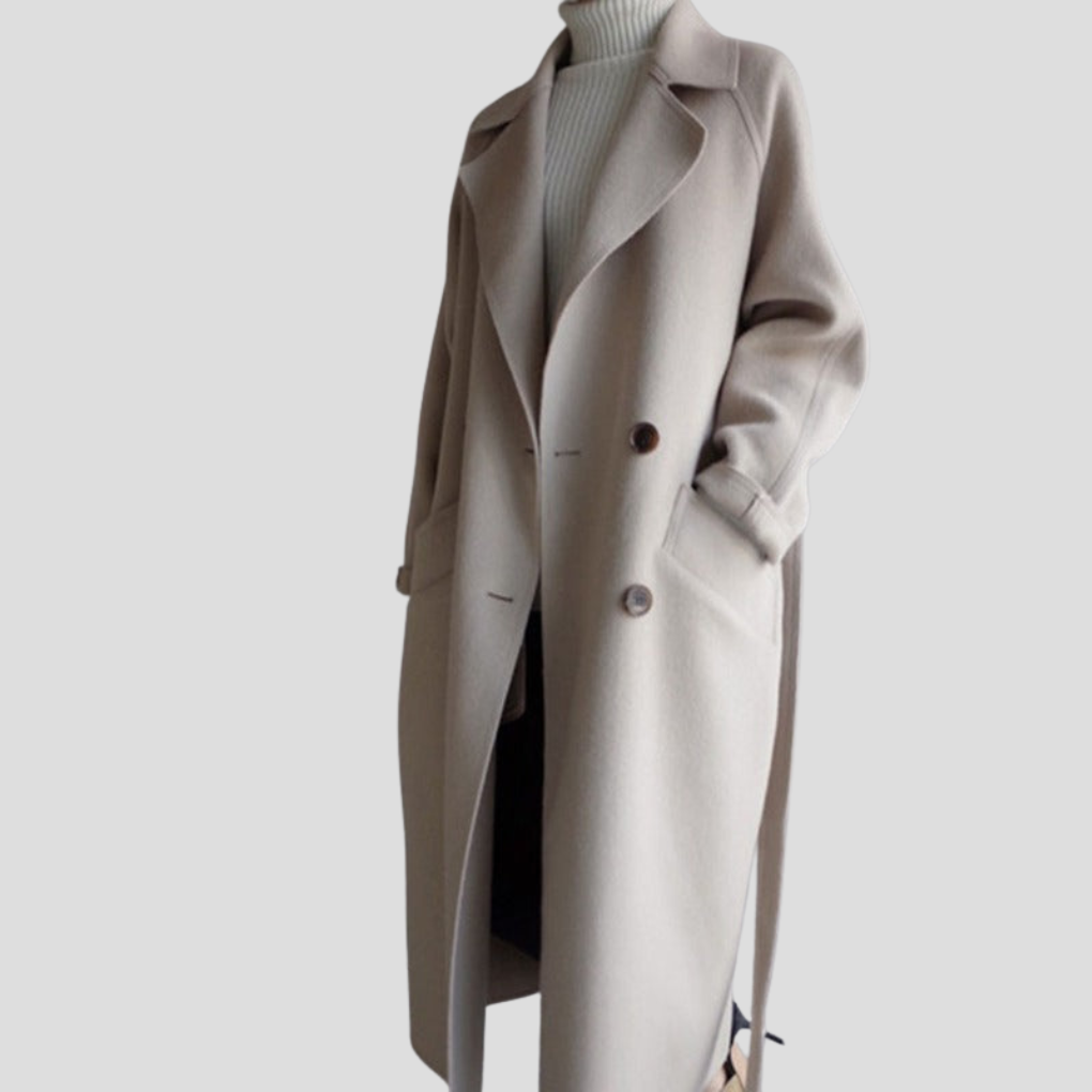 Elegant women's long winter coat, button-front, high collar for chic cold weather style.