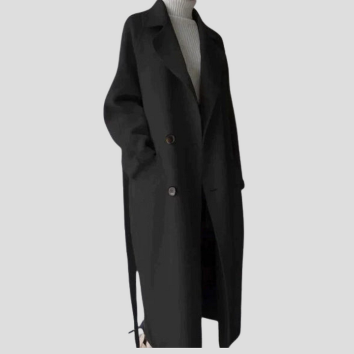 Chic women's long elegant coat, button-front, high collar. Perfect winter outerwear.