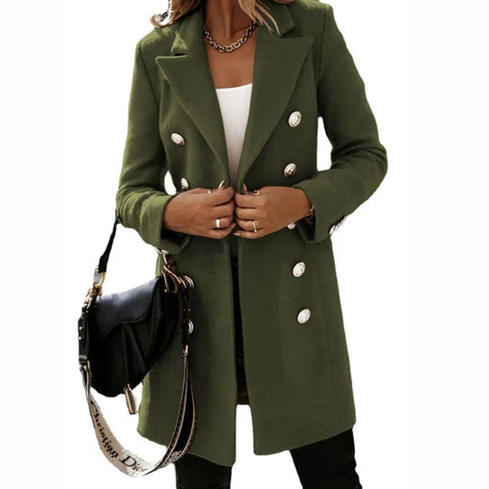 Elegant women's long winter coat. Sophisticated tailored design for chic ladies fashion & cold weather warmth.