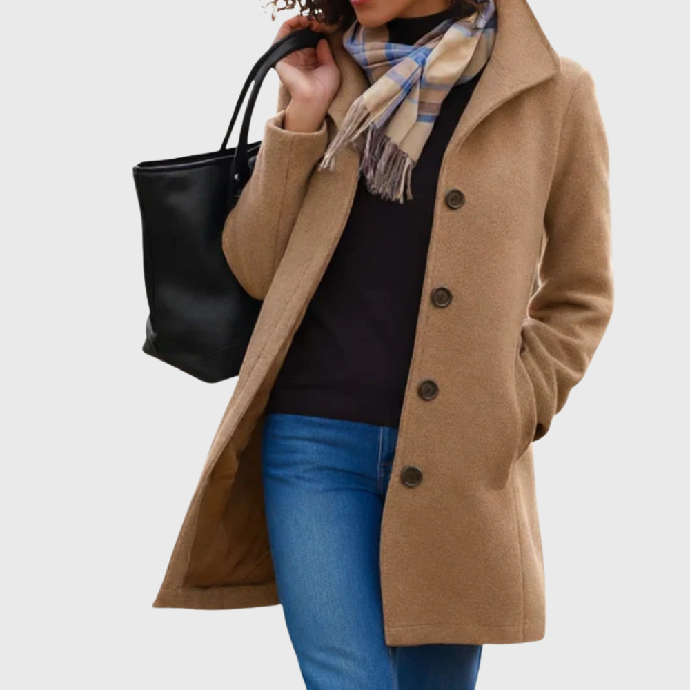 Elegant women's longline button-front coat, perfect for sophisticated fall & winter outerwear.