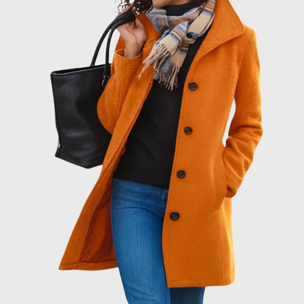 Women's longline button coat, elegant and tailored, a perfect classic style for fall and winter.
