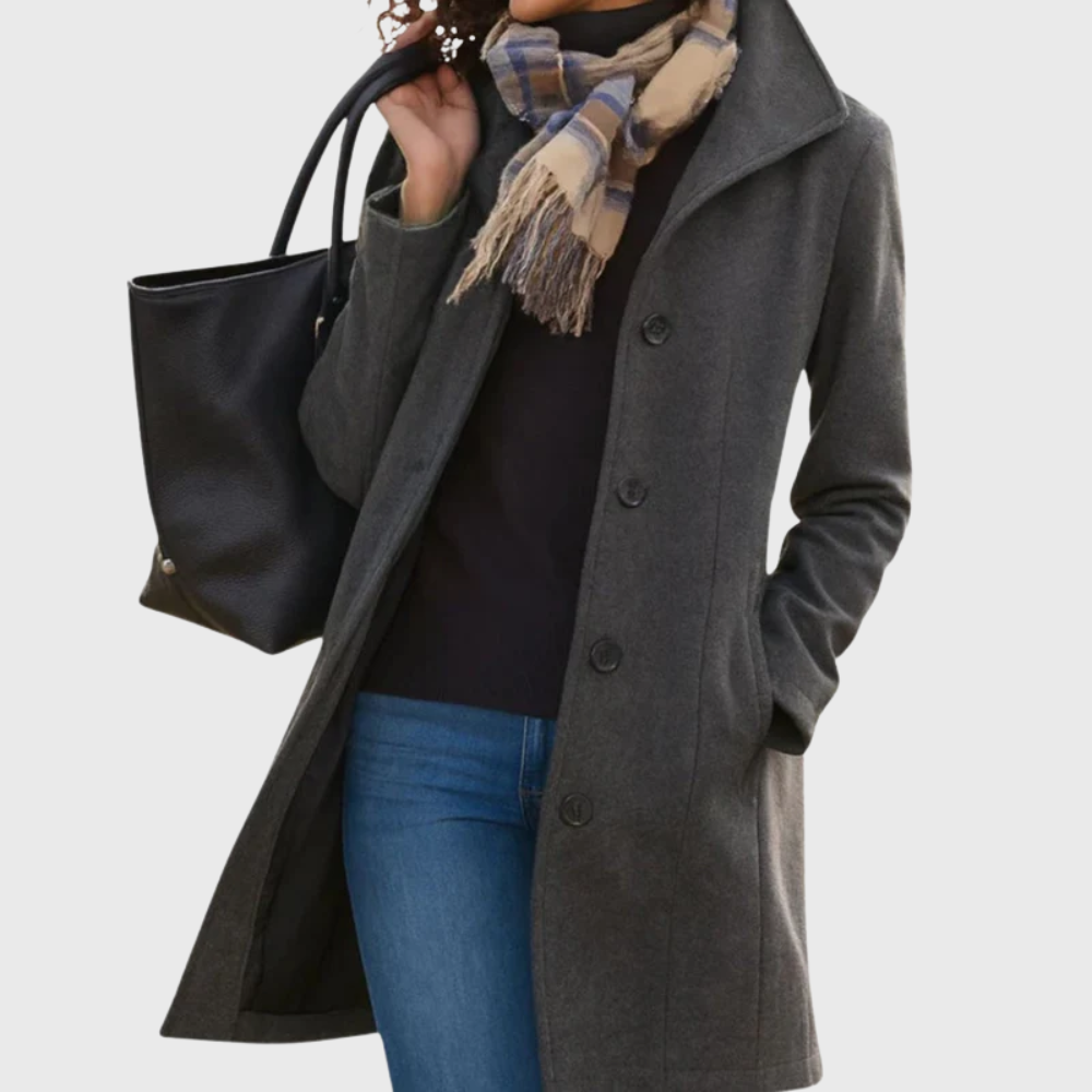 Sophisticated women's overcoat, longline style with front buttons, a timeless fall fashion piece.