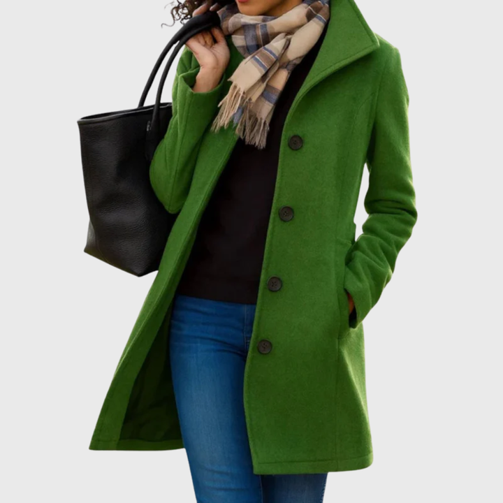 Women's classic button-front long coat, elegant and tailored for chic fall & winter outerwear.