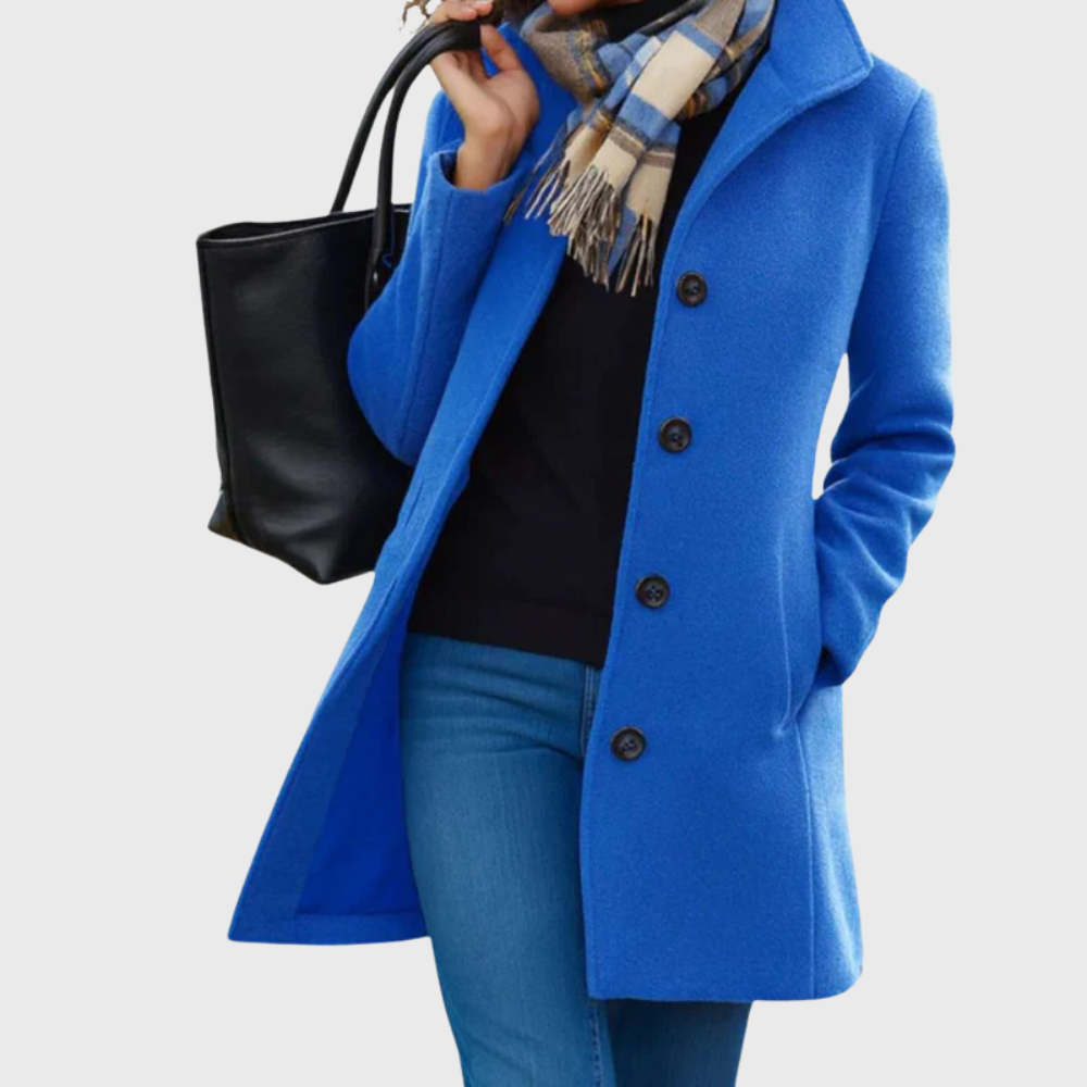 Classic women's longline winter coat, sophisticated with front buttons, ideal for elegant style.