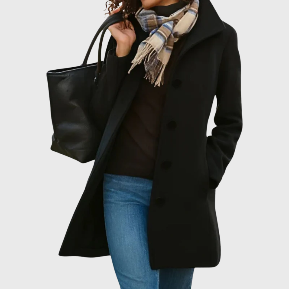 Elegant women's tailored long coat, buttoned front, a versatile and chic fall & winter outerwear.