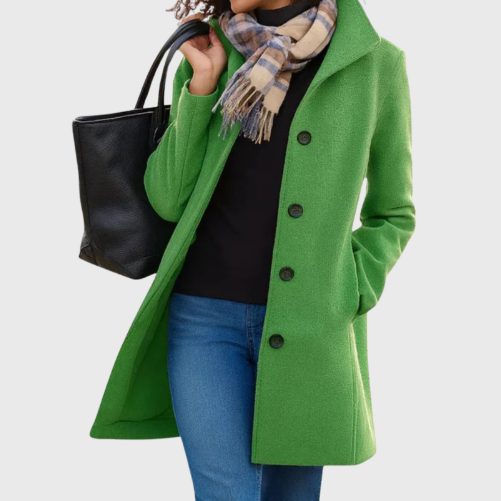 Sophisticated women's button-front overcoat, longline for a classic and elegant fall fashion look.