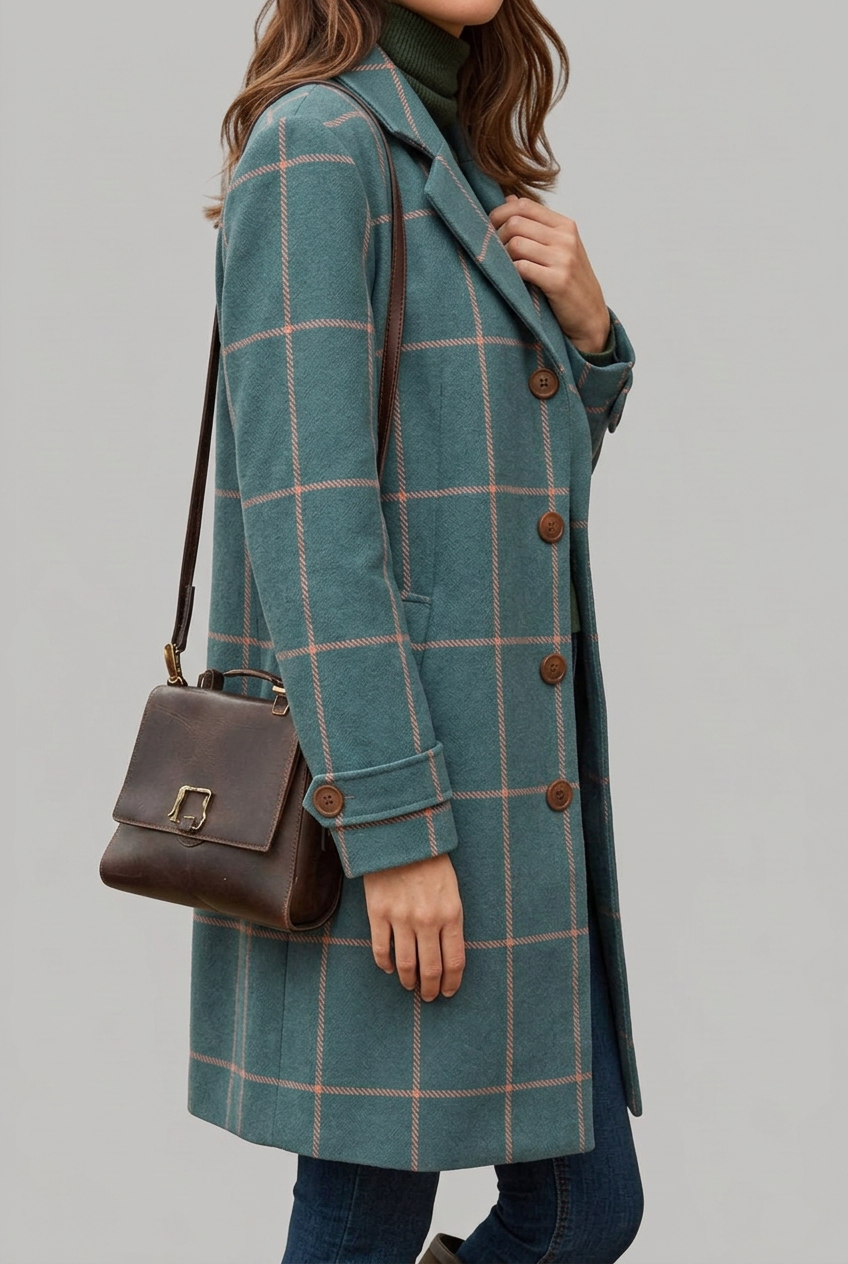 Women's stylish teal longline check coat with button-front closure, ideal elegant fall/winter fashion.