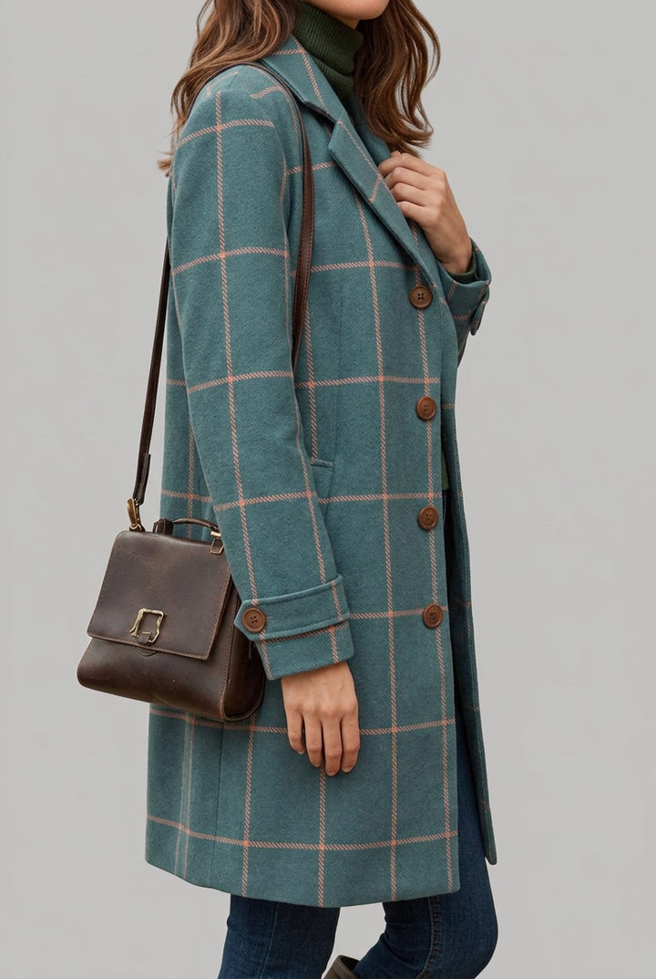 Women's stylish teal longline check coat with button-front closure, ideal elegant fall/winter fashion.
