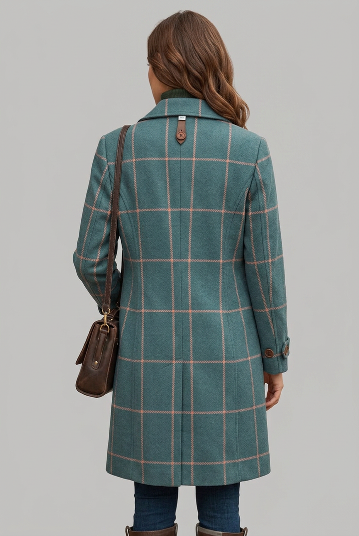 Classic women's teal check longline winter coat featuring a button-front design, elegant outerwear.