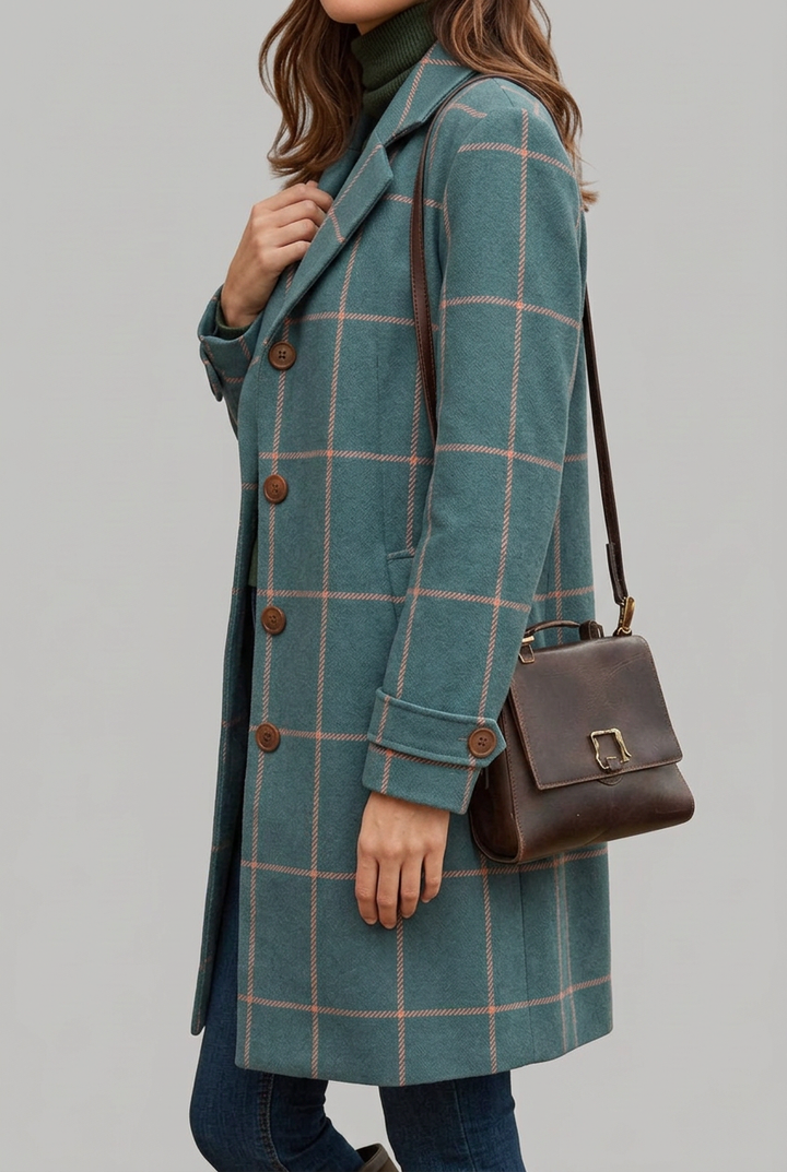 Fashionable women's elegant longline teal check coat with front buttons, essential fall/winter outerwear.