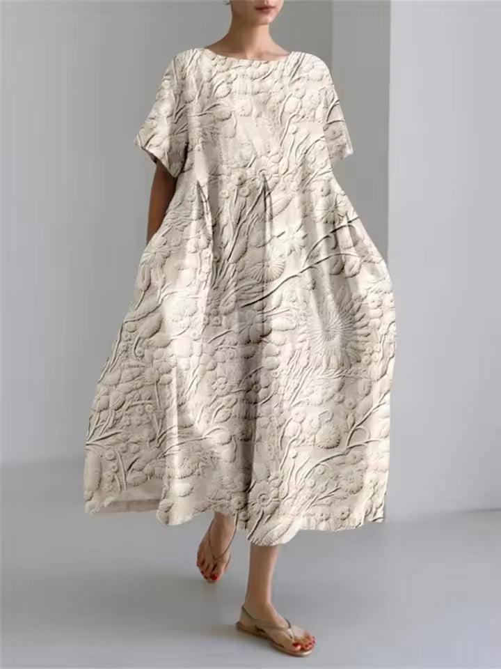 Stylish women's floral print maxi dress, comfortable and loose with a round neck for elegant summer days.
