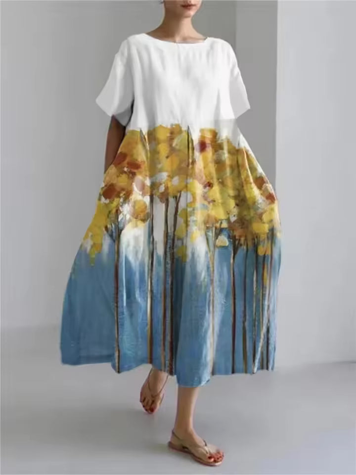 Comfortable floral print maxi dress for women, featuring a relaxed fit and classic round neck.