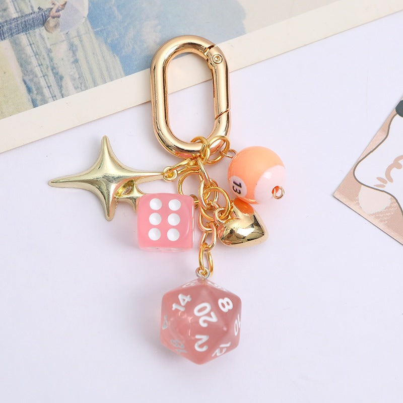 Women's elegant lucky charm keychain, colorful beads & durable metal dice, a perfect bag or key organizer accessory.