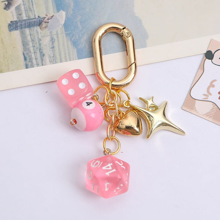 Stylish metal lucky charm keychain for women, featuring colorful beads and durable dice charm, for bags & keys.