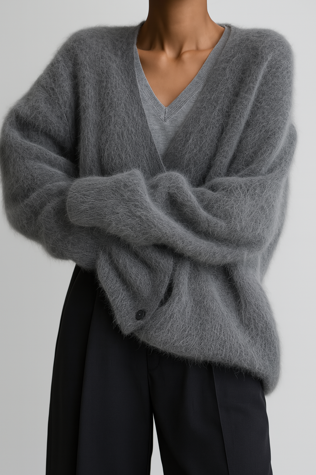 Soft, luxurious women's cardigan in a neutral color. Features button-front & relaxed fit for elegant, casual wear.