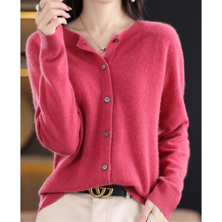 Elegant women's luxury O-neck cardigan in a warm knit, perfect for winter fashion & layering.
