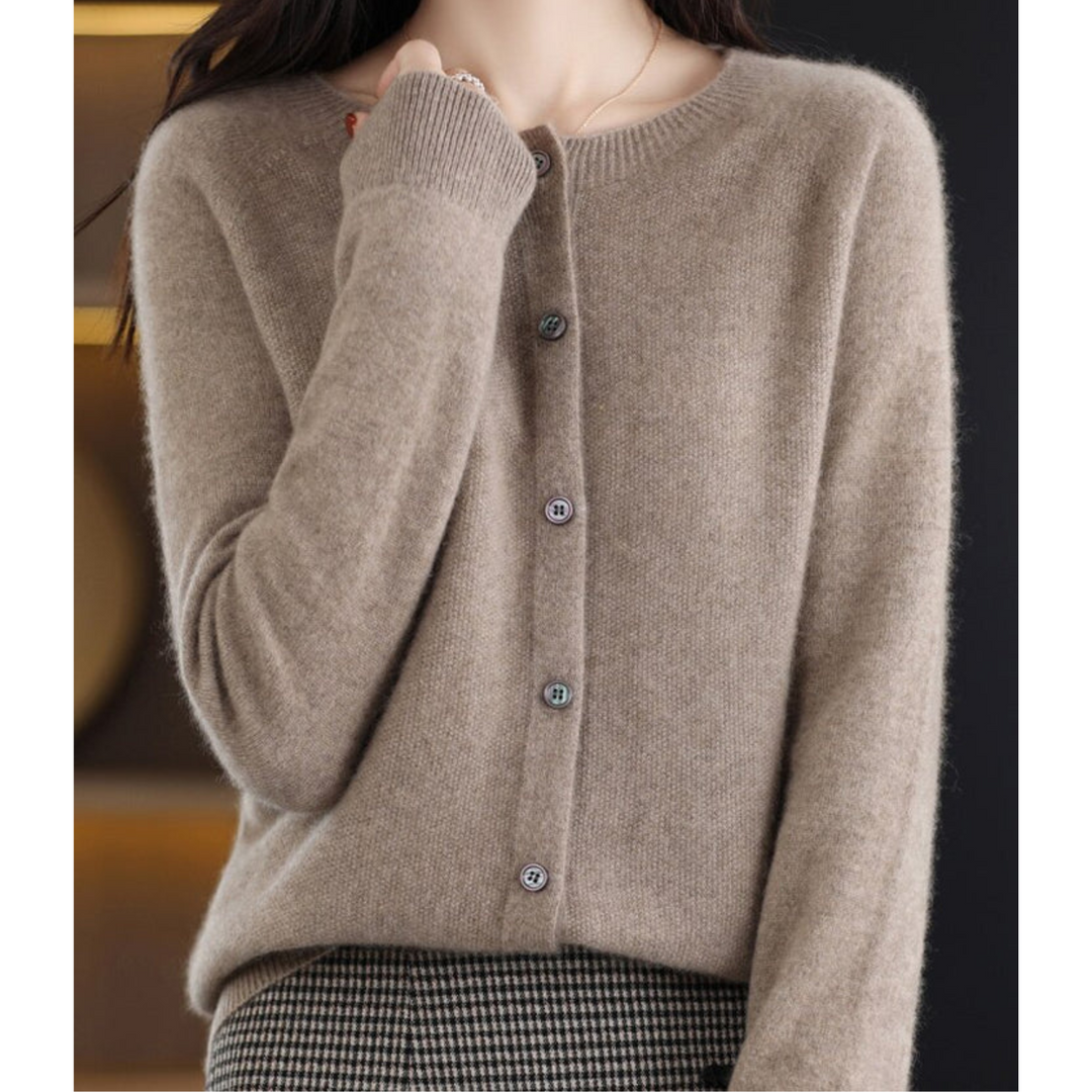 Women's elegant O-neck luxury cardigan. Warm, cozy, and perfect for fall and winter fashion.