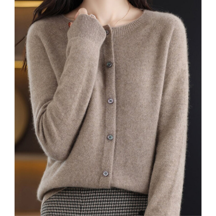 Women's elegant O-neck luxury cardigan. Warm, cozy, and perfect for fall and winter fashion.