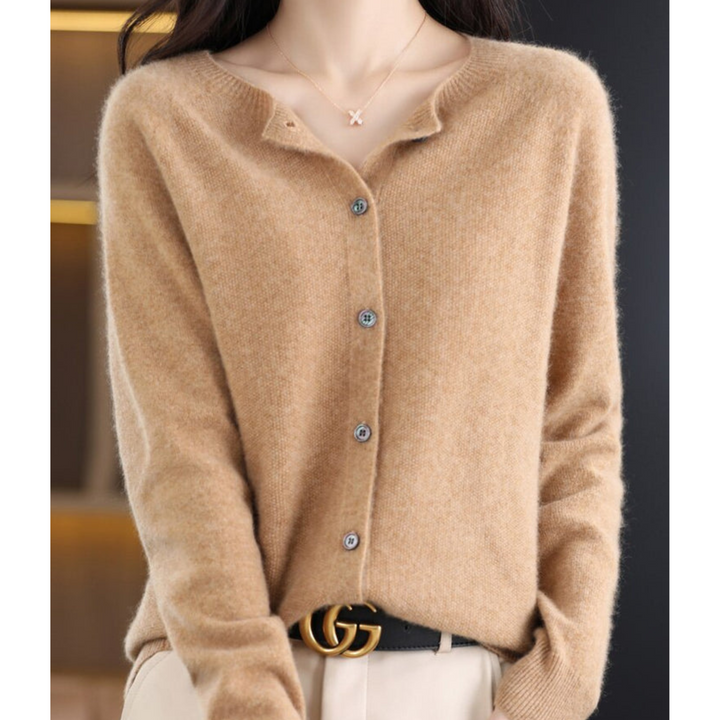 Versatile women's O-neck cardigan, a luxury sweater for elegant winter layering and warmth.
