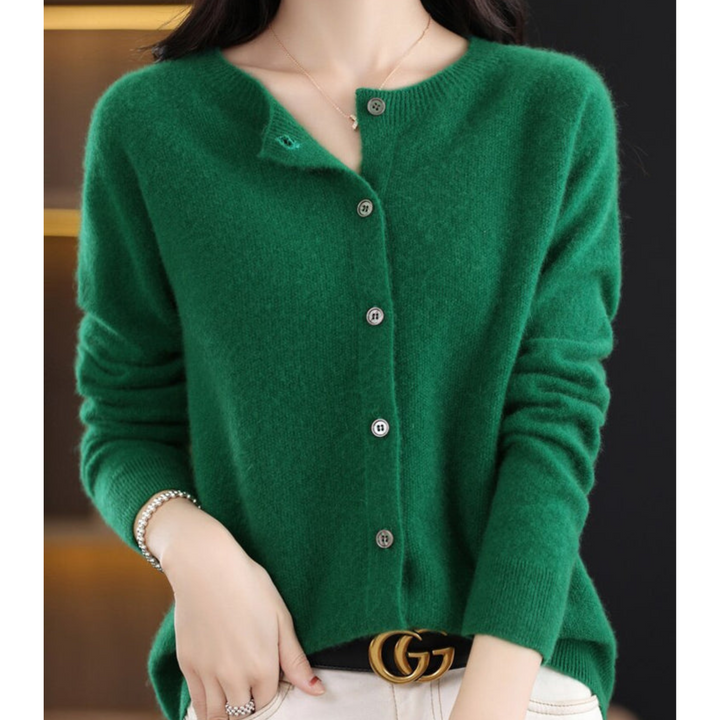 Classic women's O-neck button-front cardigan, an elegant luxury sweater for cold season style.