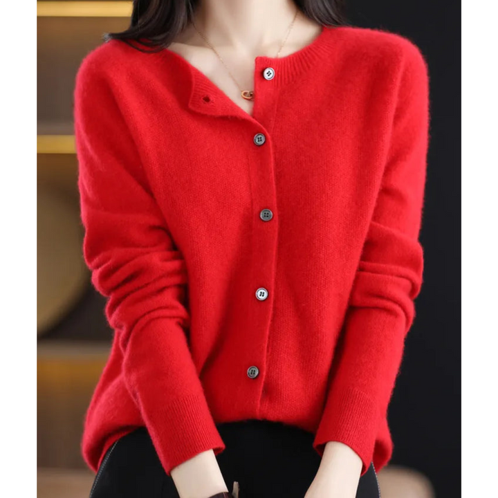 Sophisticated women's O-neck luxury cardigan, offering warmth and elegant style for winter.