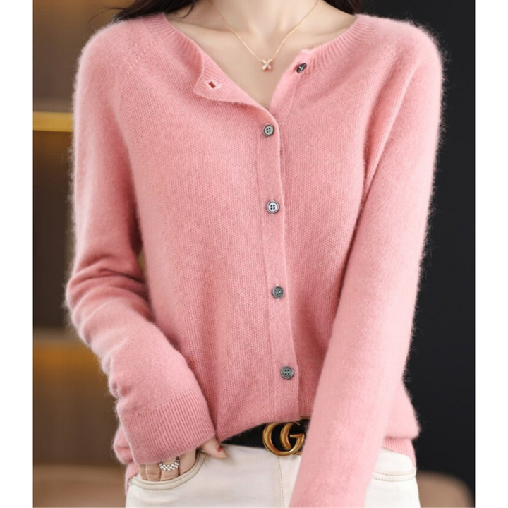 Cozy women's O-neck button-front cardigan, a versatile and elegant winter sweater essential.