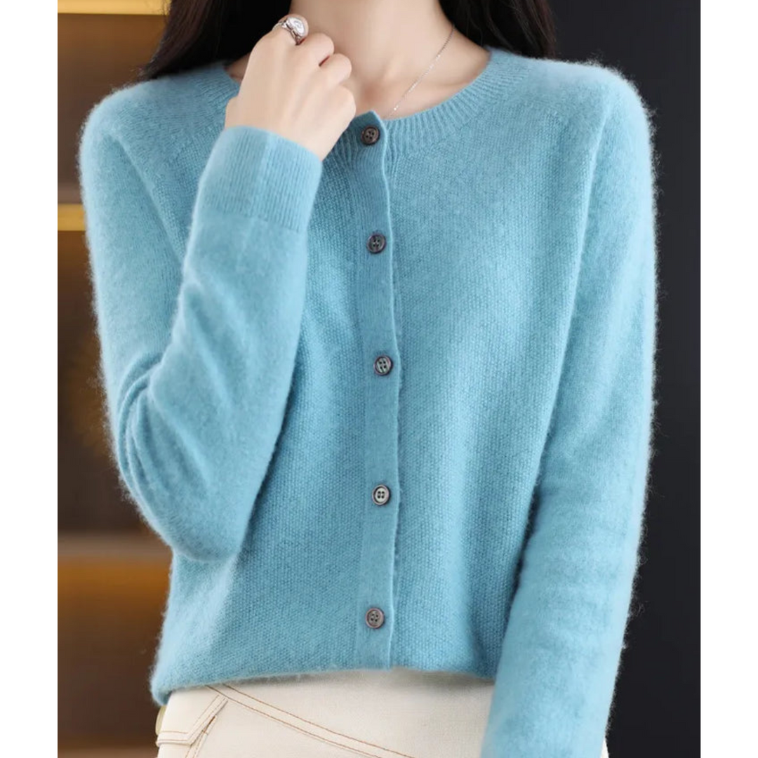 Warm women's elegant cardigan sweater with O-neck design, ideal for luxury winter fashion.