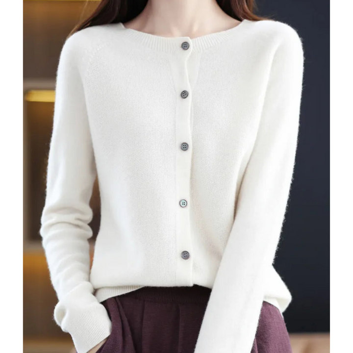 Stylish women's O-neck luxury cardigan, a warm and versatile essential for cold weather.